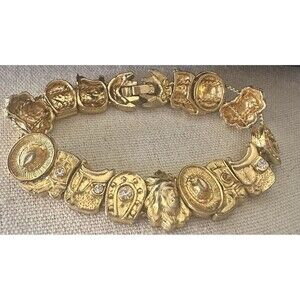 Vintage Western Slide Bracelet Gold Tone Cowboy Hat Boot Horse Rhinestones
